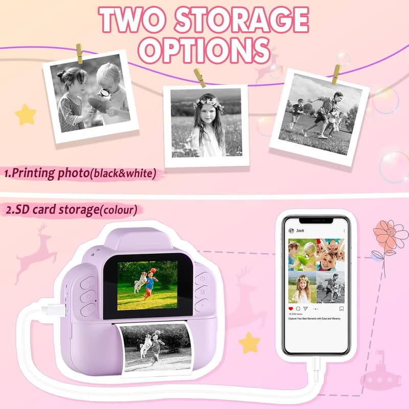 Kids Instant Print Camera with 32GB SD Card – 1080P Digital Birthday Gift