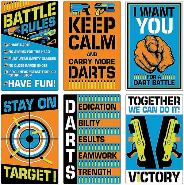 Birthday Party Dart Gun Battle Wall Posters - 6 Pack