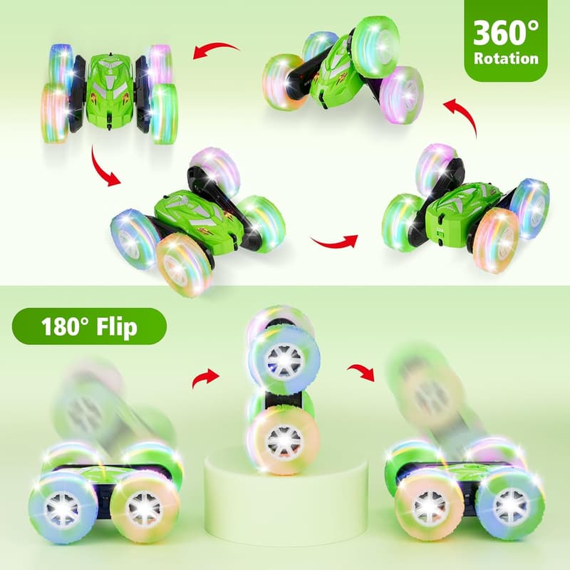 Remote Control Stunt Car for Boys 6-12, 360° Flip, Green