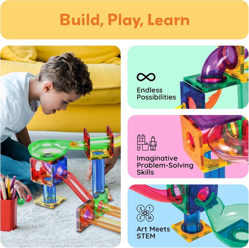 STEM Marble Run Set with Magnetic Tiles for Kids 3+