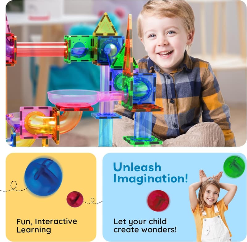 STEM Marble Run Set with Magnetic Tiles for Kids 3+