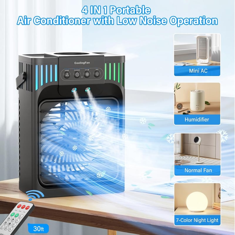 4-in-1 Portable Air Conditioner with Remote & 7 LED Lights