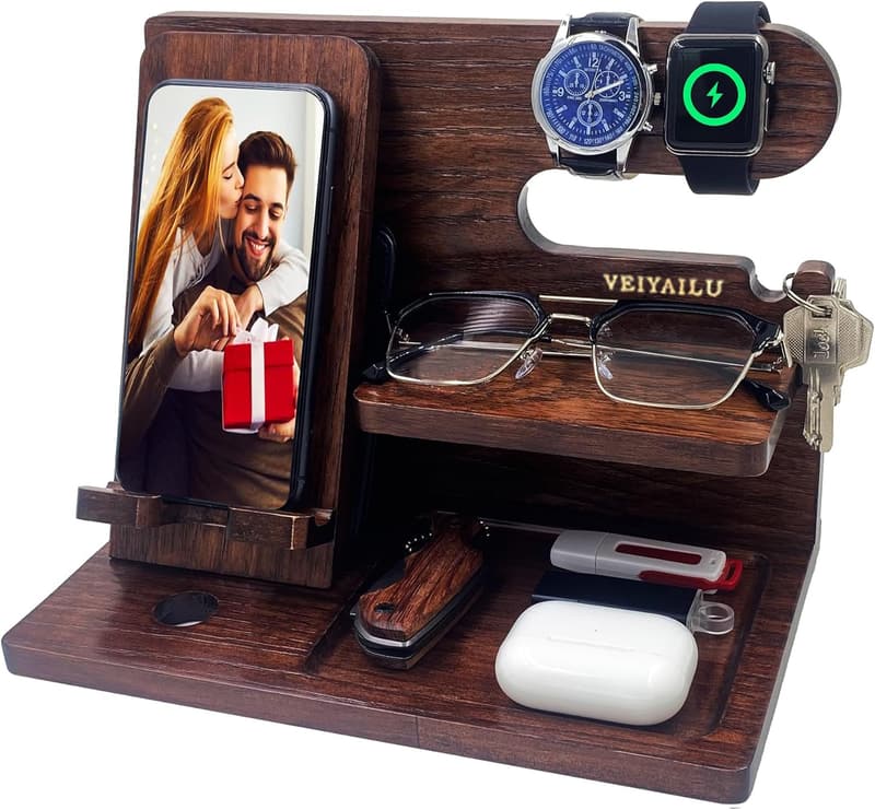 Wooden Phone Docking Station Organizer for Men and Dads