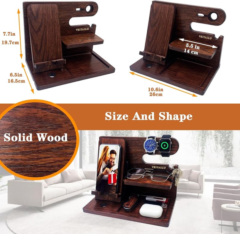 Wooden Phone Docking Station Organizer for Men and Dads