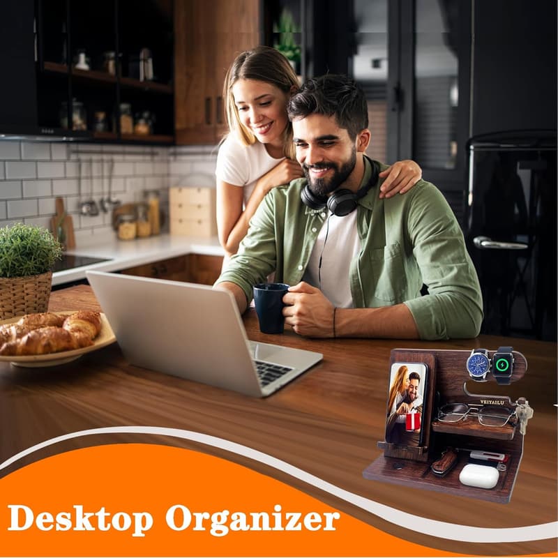 Wooden Phone Docking Station Organizer for Men and Dads