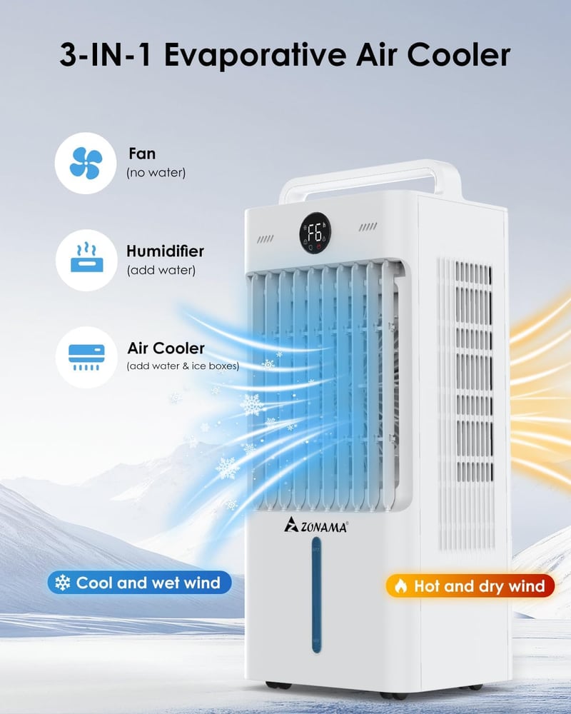 3-in-1 Portable Evaporative Air Cooler with Remote & Timer