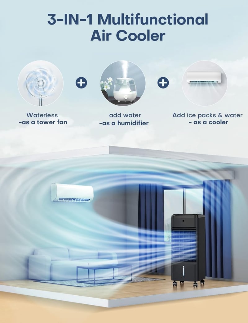 Portable 3-in-1 Evaporative Air Cooler with Remote & Timer