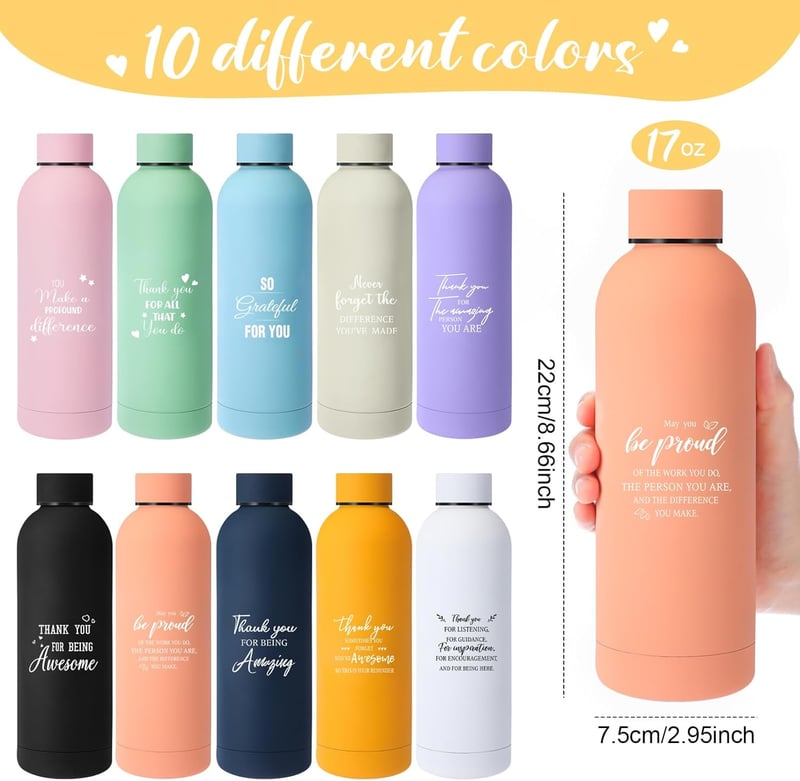 Employee Appreciation Gifts: 10 Pcs Inspirational Water Bottles, 17 oz Stainless Steel
