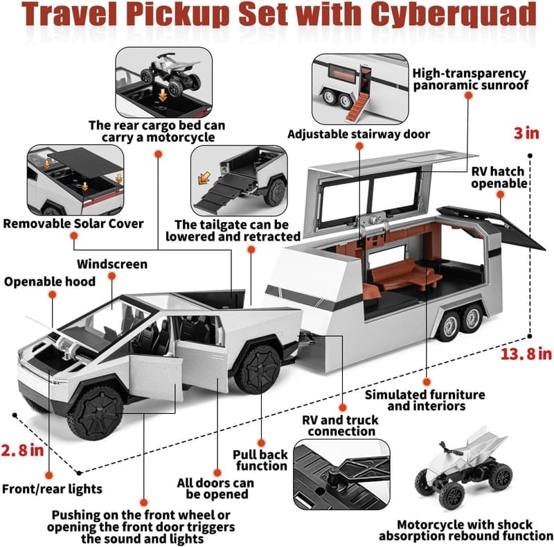Cybertruck Die-cast Model with RV & Motorcycle - Kids' Toy
