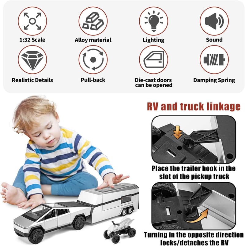 Cybertruck Die-cast Model with RV & Motorcycle - Kids' Toy
