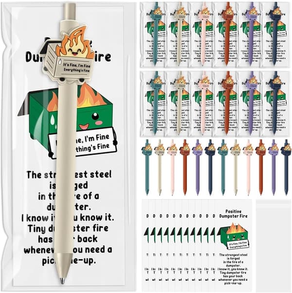 Funny Dumpster Fire Gifts: Emotional Support Pens & Bookmarks