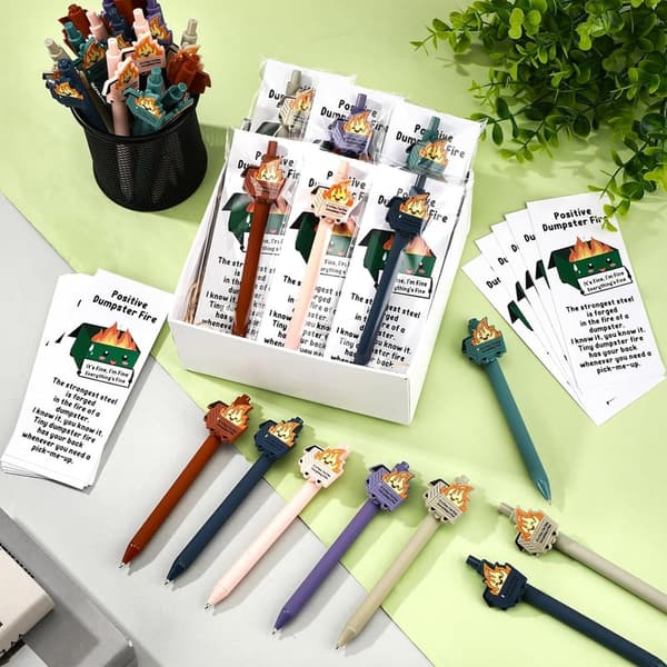 Funny Dumpster Fire Gifts: Emotional Support Pens & Bookmarks