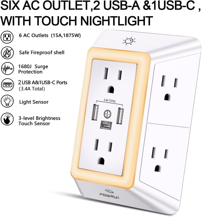 Surge Protector Power Strip with 6 Outlets & 3 USB Ports