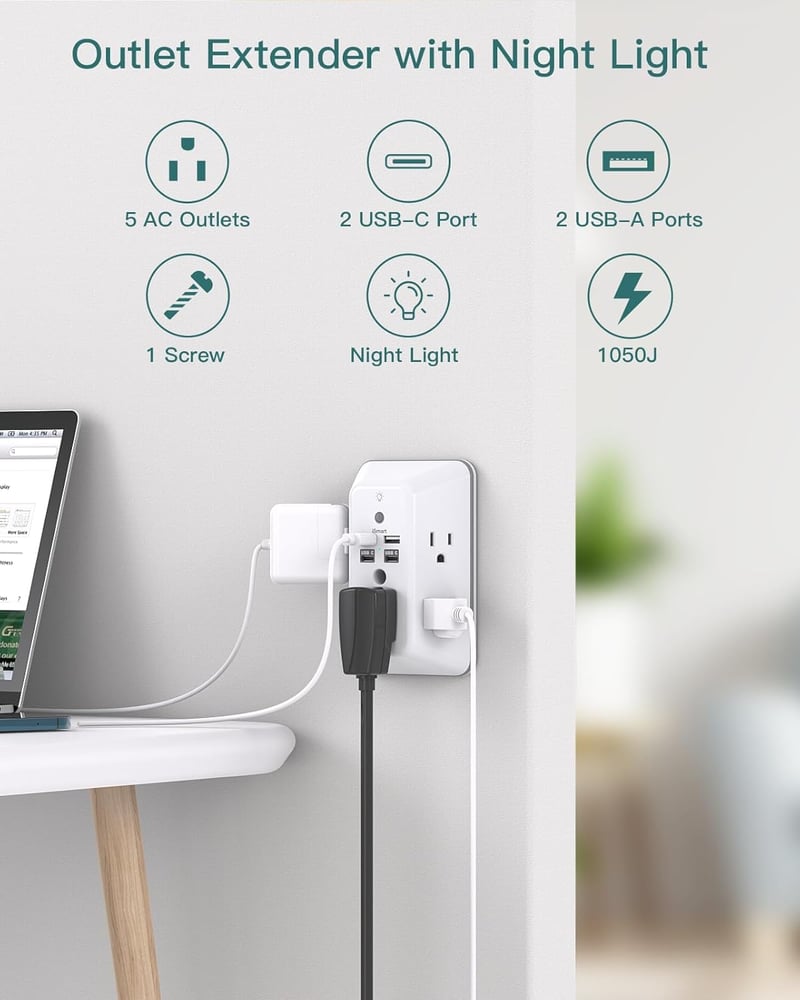 5-Outlet Surge Protector with USB Ports and Night Light