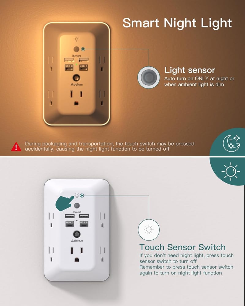 5-Outlet Surge Protector with USB Ports and Night Light