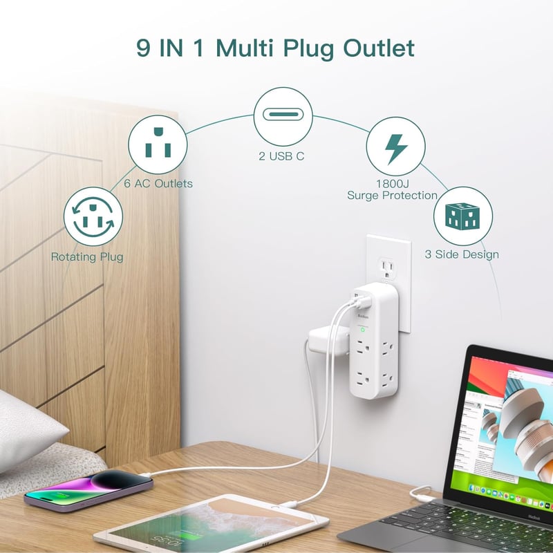 Outlet Extender Surge Protector with 6 AC & 3 USB Ports
