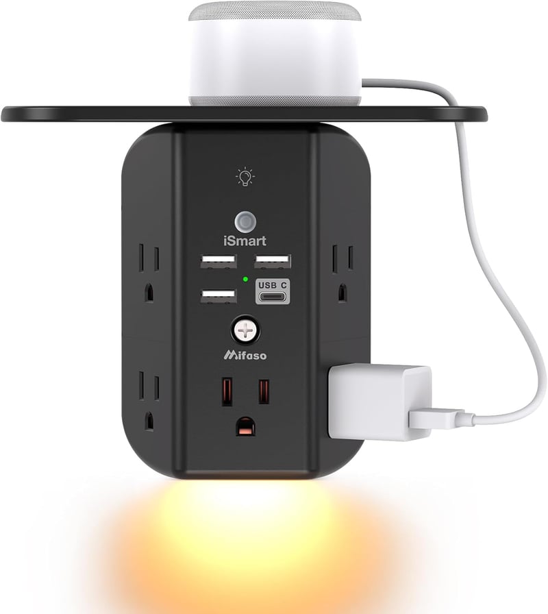 Wall Outlet Extender with Shelf, Night Light, & USB Ports