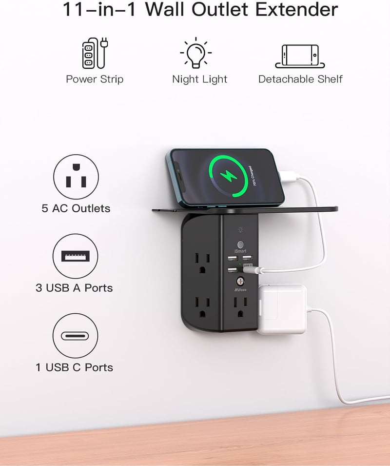 Wall Outlet Extender with Shelf, Night Light, & USB Ports