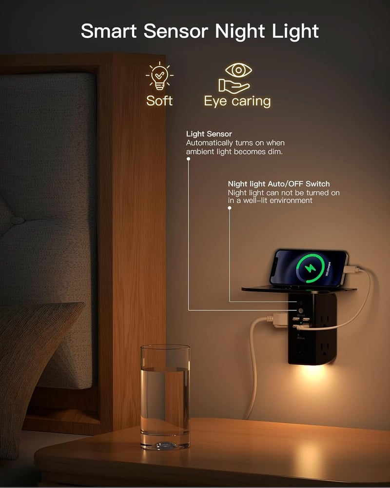 Wall Outlet Extender with Shelf, Night Light, & USB Ports