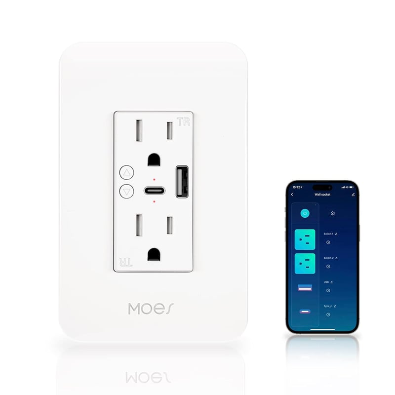 Smart USB Wall Outlet with Type-C & A Chargers, Wi-Fi Control