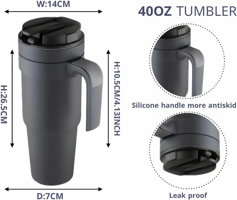 40 OZ Travel Coffee Mug with Handle - Grey