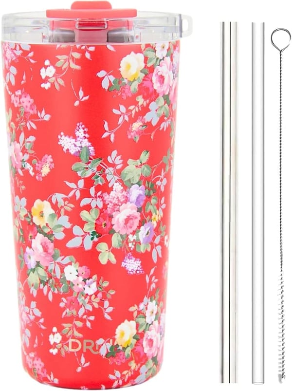 20 oz Stainless Steel Tumbler | Insulated Floral Mug with Lid & Straws