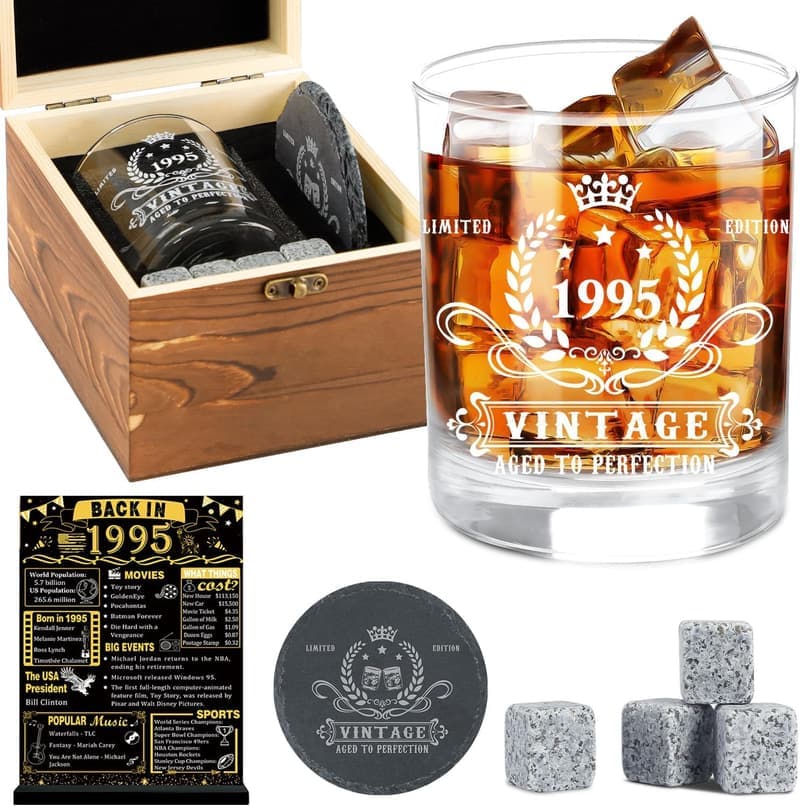 30th Birthday Vintage Whiskey Glass Set with Wood Box & Stones