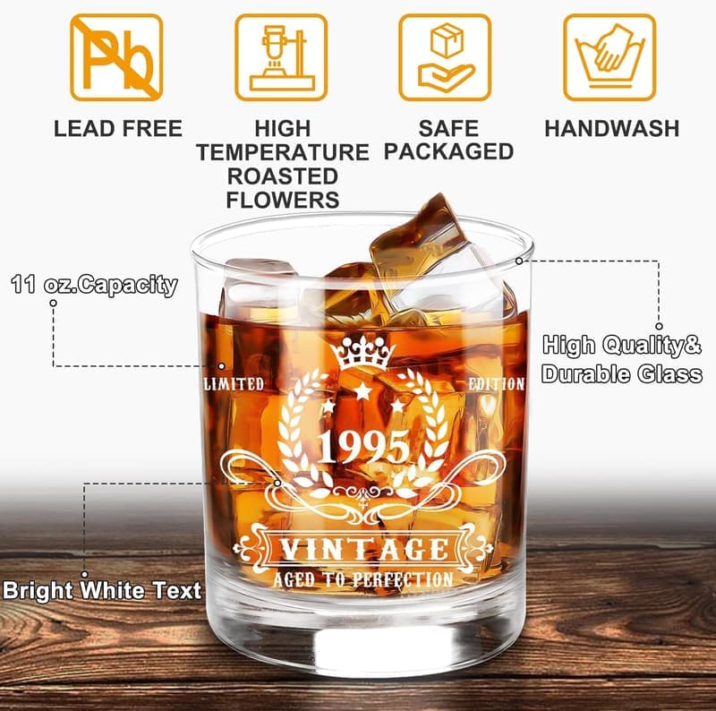 30th Birthday Vintage Whiskey Glass Set with Wood Box & Stones