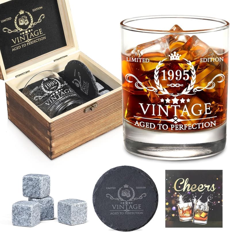 30th Birthday Whiskey Glass Set with Wood Box & Stones