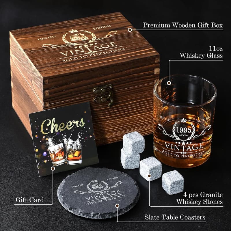30th Birthday Whiskey Glass Set with Wood Box & Stones