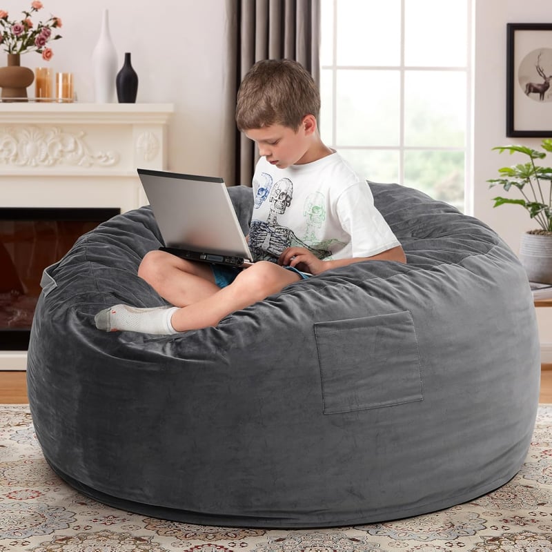Large Memory Foam Bean Bag Chair in Dark Grey for Kids & Adults
