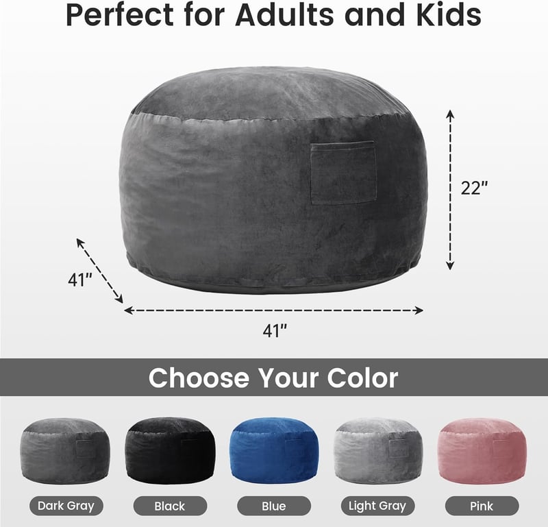 Large Memory Foam Bean Bag Chair in Dark Grey for Kids & Adults