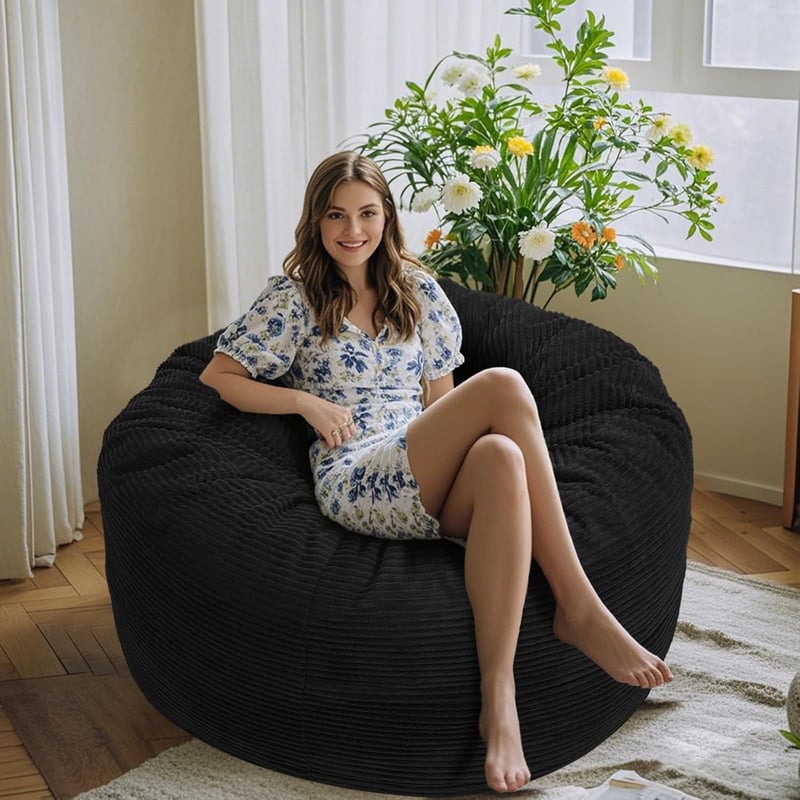 4FT Black Bean Bag Chair with Plush Cover and Memory Foam