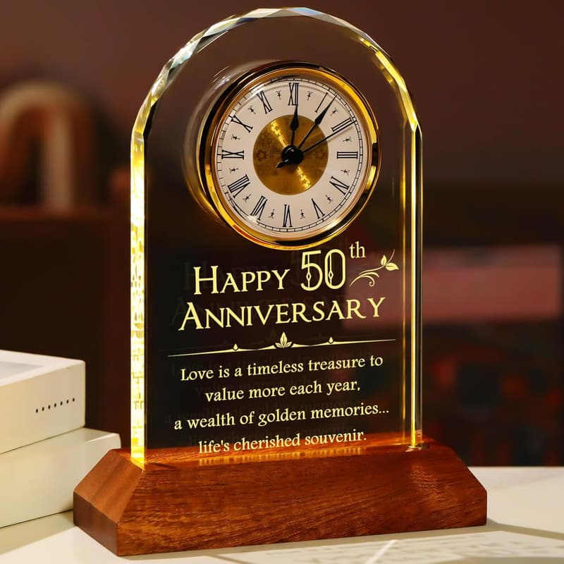 50th Anniversary Glass Table Clock for Couples with Wooden Base