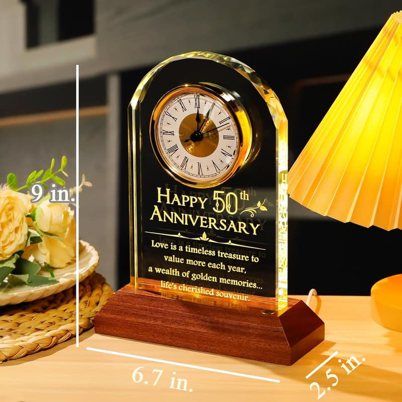 50th Anniversary Glass Table Clock for Couples with Wooden Base