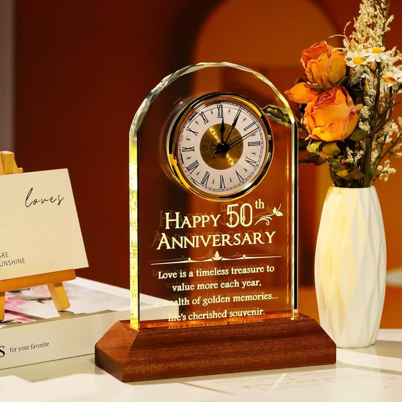 50th Anniversary Glass Table Clock for Couples with Wooden Base