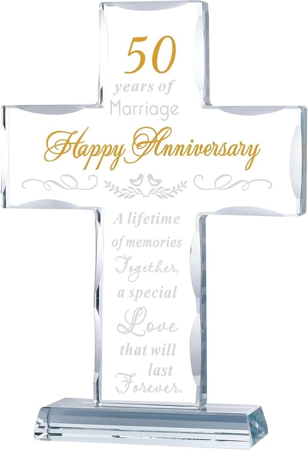 50th Anniversary Laser Engraved Glass Cross Keepsake for Couples