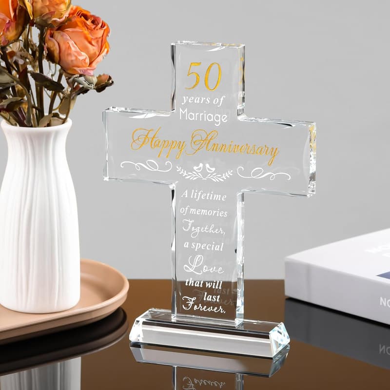 50th Anniversary Laser Engraved Glass Cross Keepsake for Couples