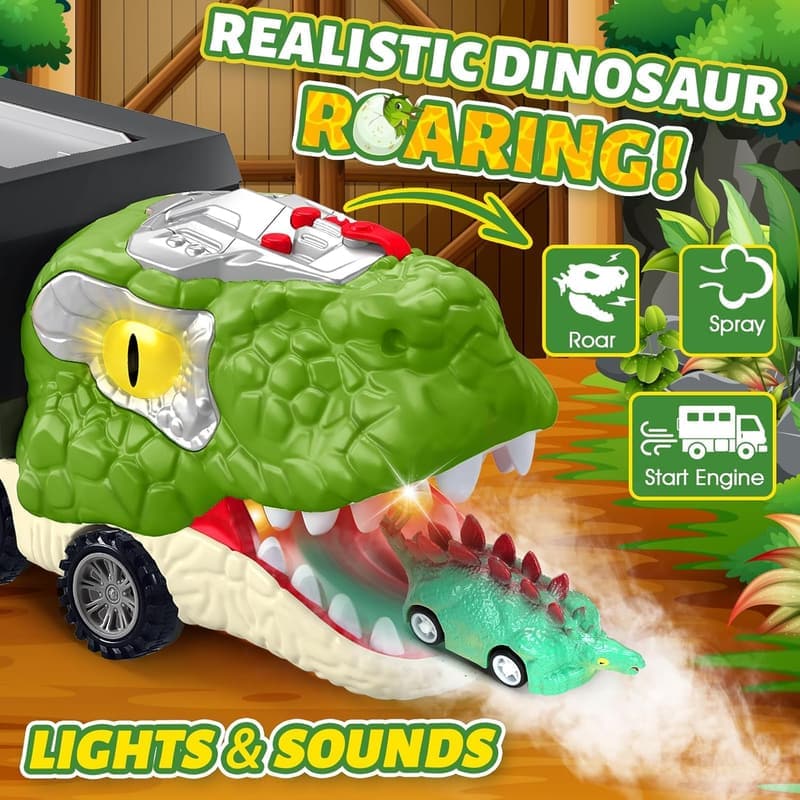 Dinosaur Transport Truck Playset with T-Rex Cars for Kids