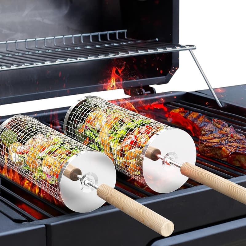 Beach BBQ Basket Set, 304 Stainless Steel, Removable Wooden Handle
