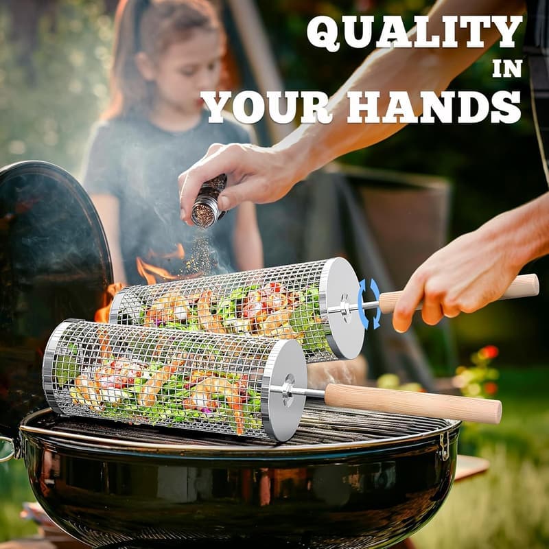 Beach BBQ Basket Set, 304 Stainless Steel, Removable Wooden Handle