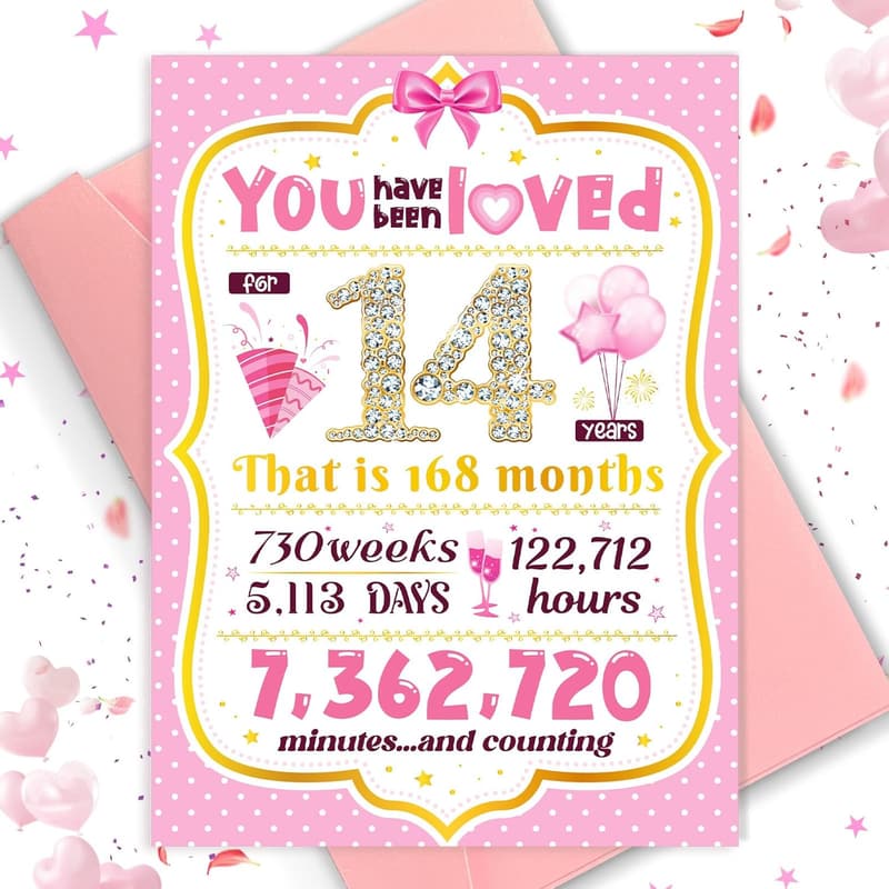 14th Birthday Card for Girls - Sweet Pink Design