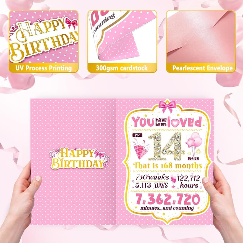 14th Birthday Card for Girls - Sweet Pink Design