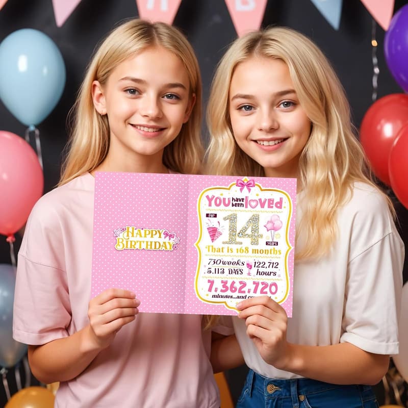 14th Birthday Card for Girls - Sweet Pink Design