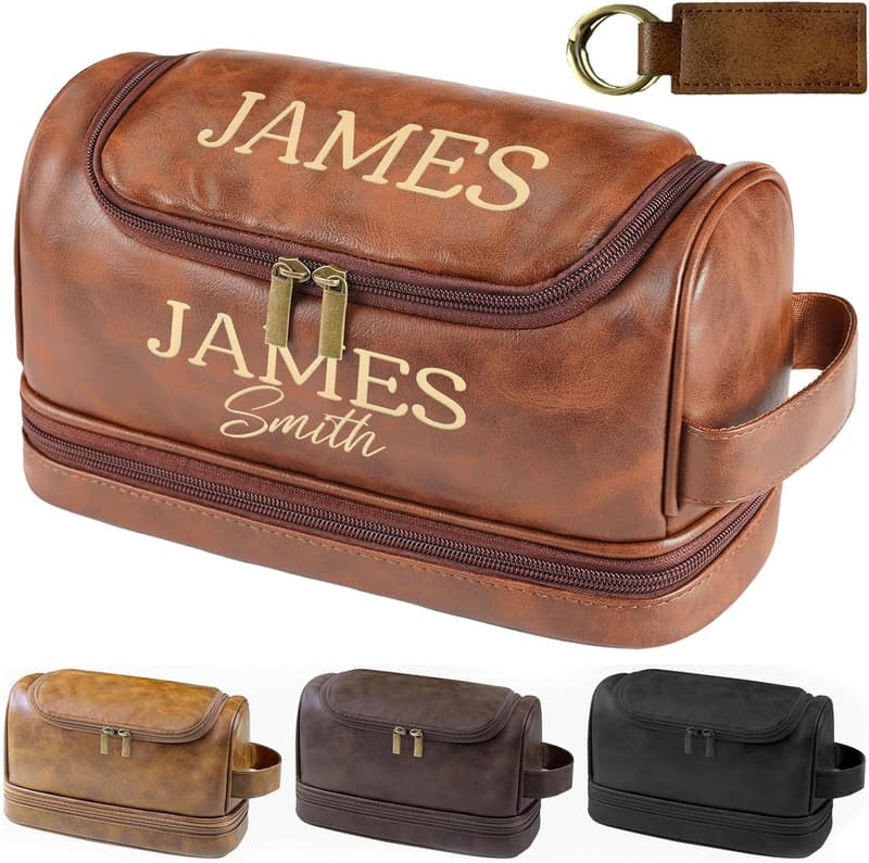 Custom Leather Dopp Kit for Men - Personalized Toiletry Bag