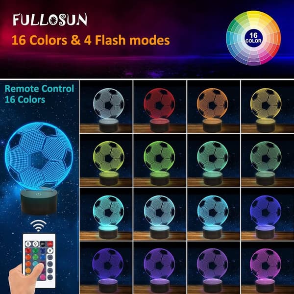 Kids 3D Soccer Night Light with Remote - 16 Color Birthday Gift
