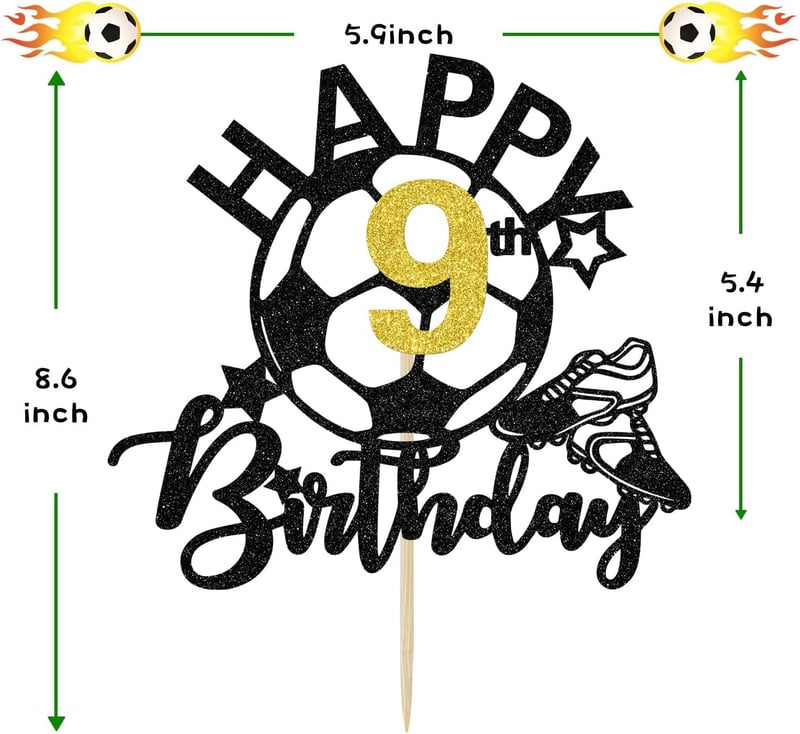 Soccer Themed 9th Birthday Cake Topper Decoration