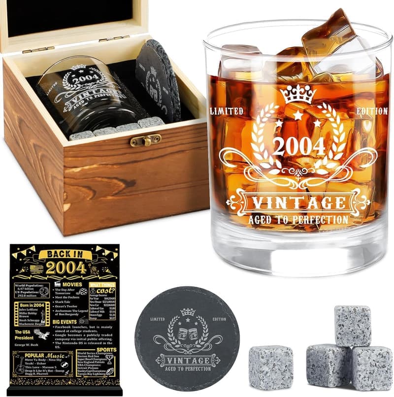 21st Birthday Whiskey Glass Set with Wood Box & Accessories