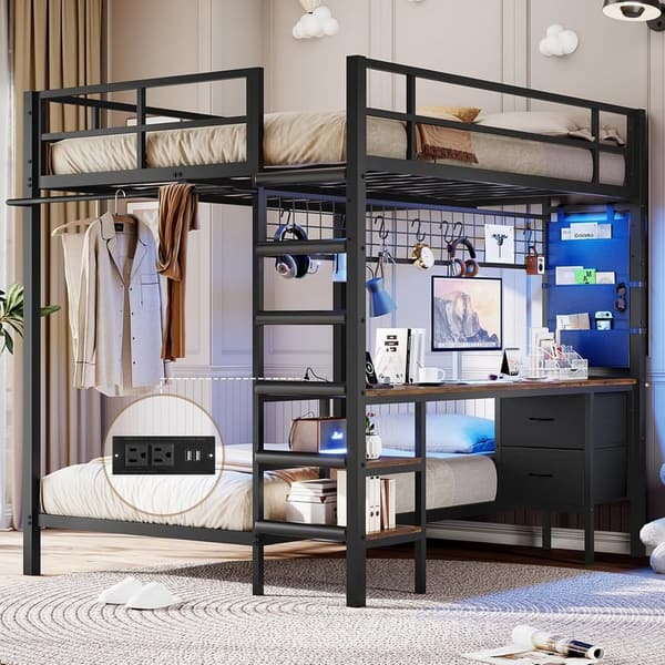 Black Twin Bunk Bed with Desk, LED Lights & Storage