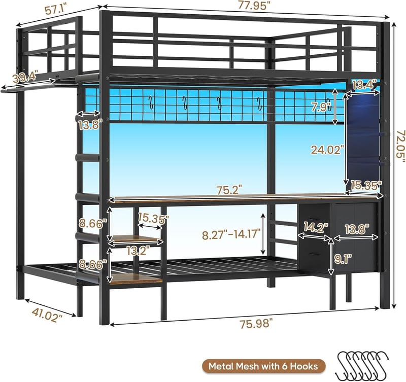 Black Twin Bunk Bed with Desk, LED Lights & Storage
